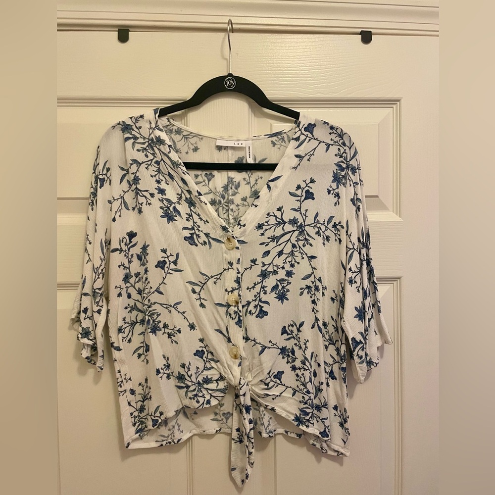 Blue 3/4 Sleeve Tie Front Blouse with Notched Collar